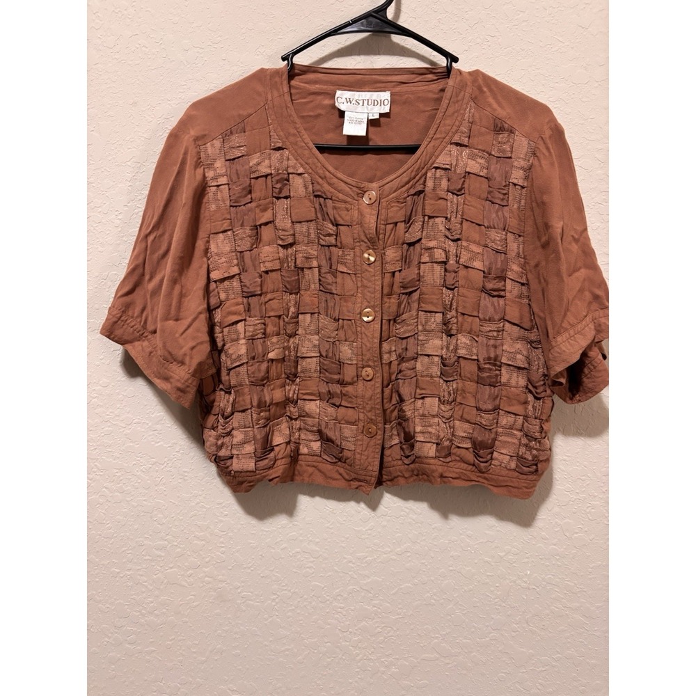 Y2K Whimsigoth Smocked Texture Button Crop Top Rust Brown Basketweave Shirt SZ L - Picture 7 of 14